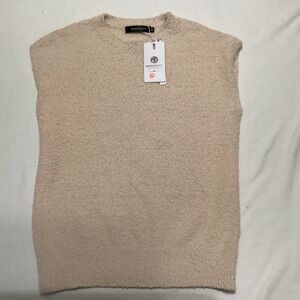 MEROKEETY Women Beige Fuzzy Knit Sweater Vest Sleeveless Crew Neck Size M NEW